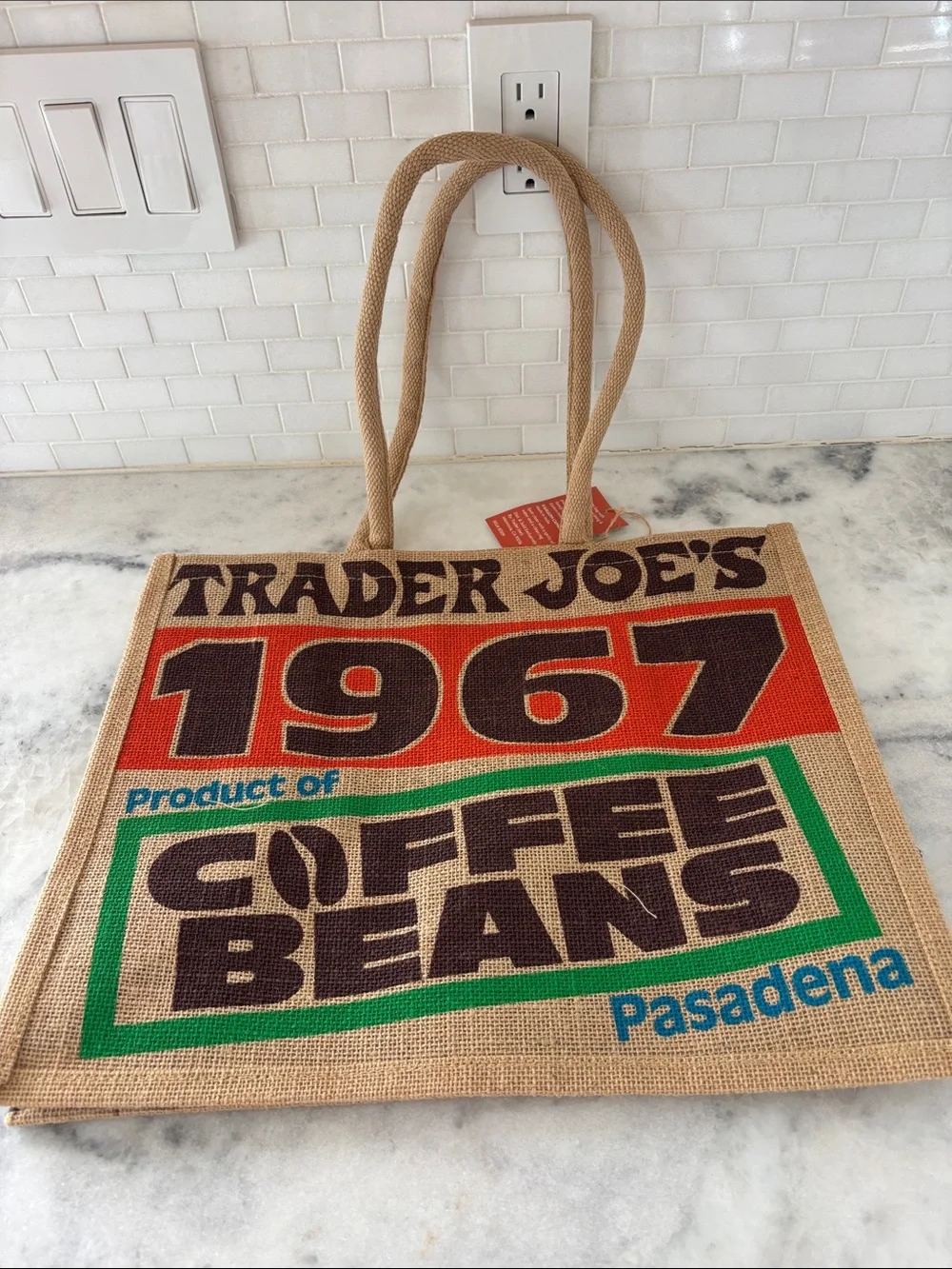 1967 Coffee Beans Jute Tote Bag - Tan/Brown/Red/Green